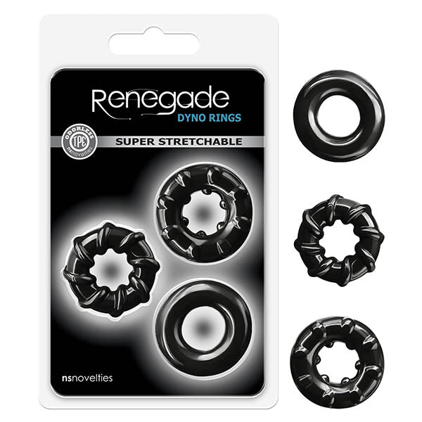 The image showcases a package for the Renegade - Dyno Rings Cock Ring, which includes three super-stretchy rings of different designs. The packaging indicates that the rings are made from TPE and prominently features the "nsnovelties" brand name at the bottom. Additionally, four performance-driven rings in assorted colors are displayed outside of the package.