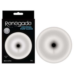 A black product packaging box with the brand name "Renegade Universal Ass-Shaped Penis Pump Sleeve - Clear" written on it in white and light blue text. The box features an image of a circular, translucent TPE ring-like object. The actual product, a 2.5-inch pump sleeve in clear with a dark center, is shown to the right.