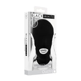 The image shows a product box for an "OUCH!" brand Black & White Submission Mask. The box features a person wearing an impairing vision black mask with an open mouth. The text indicates "Best Fashion Brand of the Year" and highlights the product name "Black & White Submission Mask.