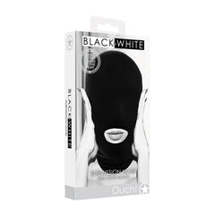 The image shows a product box for an "OUCH!" brand Black & White Submission Mask. The box features a person wearing an impairing vision black mask with an open mouth. The text indicates "Best Fashion Brand of the Year" and highlights the product name "Black & White Submission Mask.