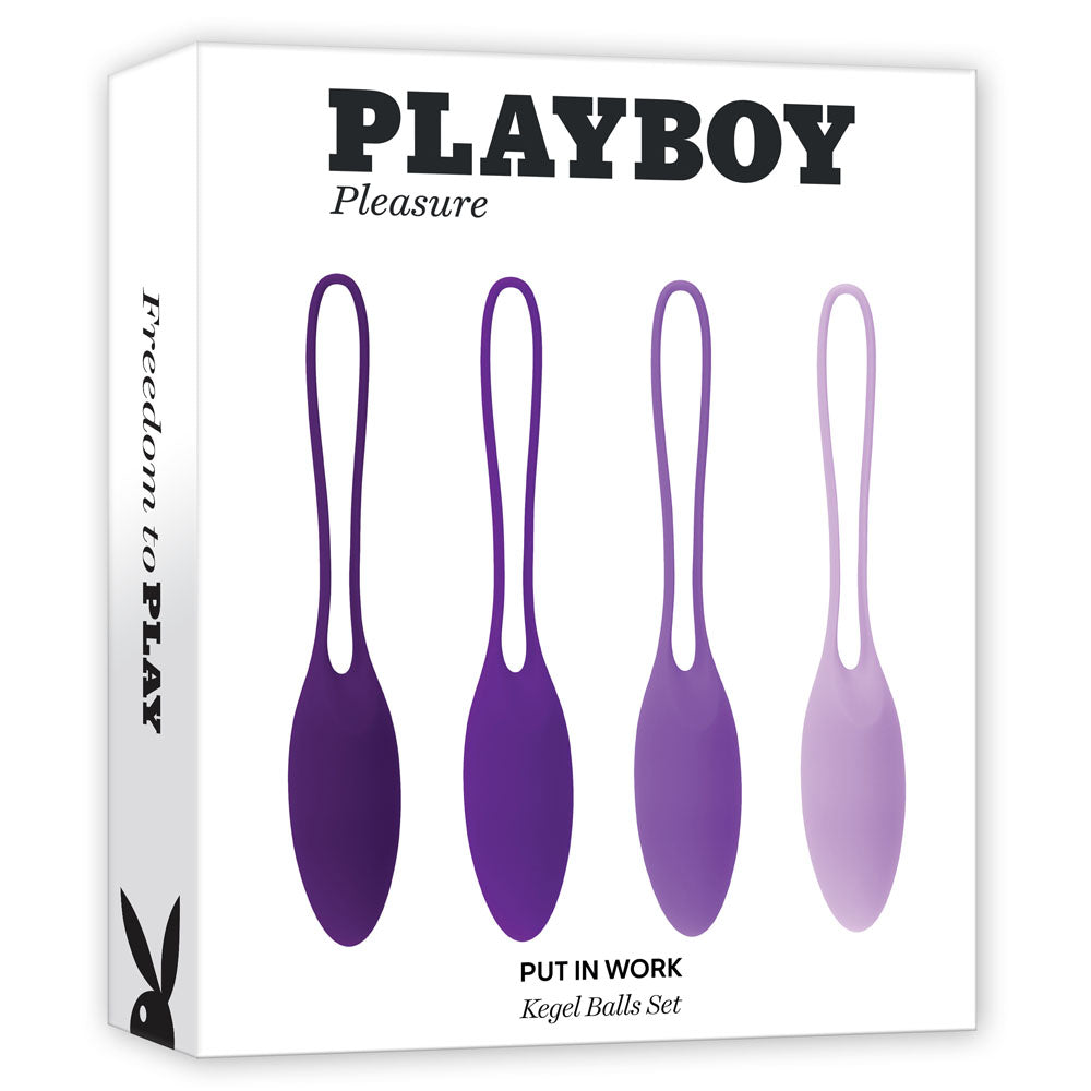 A white box labeled "PLAYBOY Pleasure" at the top and "PUT IN WORK Kegel Vibrator" at the bottom. It features illustrations of four purple gradient kegel balls in varying shades from dark to light, designed for strengthening pelvic floor muscles. A small black Playboy bunny logo is on the bottom left corner.
