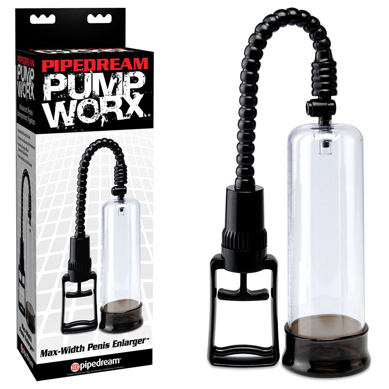 A penis pump device with a clear cylindrical chamber attached to flexible black tubing and a manual hand pump. The product, featuring the brand name "Pump Worx" and the label "Max-Width Penis Enlarger Pump," is displayed beside its packaging. This vacuum tube ensures optimal performance.