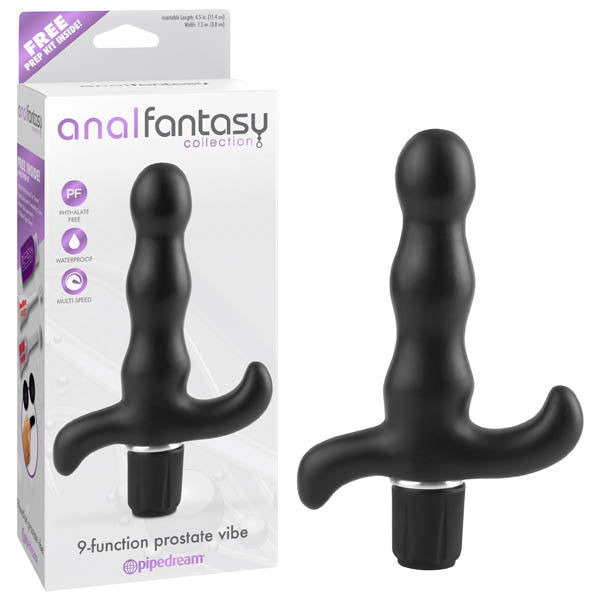 Image of the Anal Fantasy Collection 9-function Prostate Vibe Butt Plug in its packaging. The black, curved shape is designed for optimal P-Spot stimulation and features multiple speeds. The box highlights that it is waterproof and includes a free prep kit inside, perfect for enhancing your anal stimulation experience.
