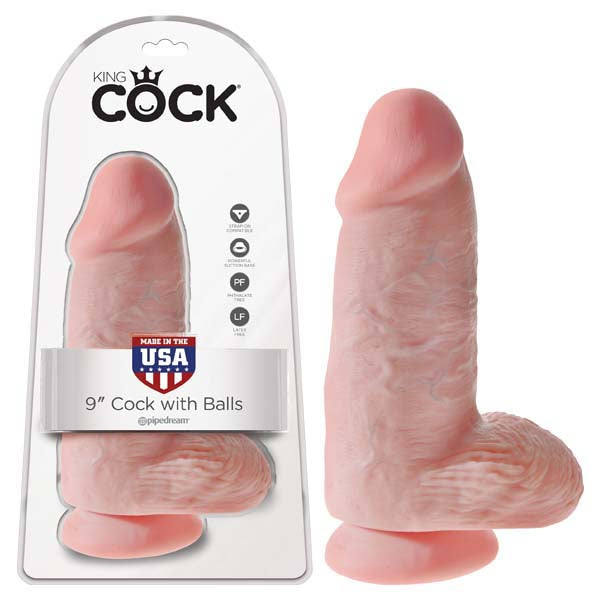 A realistic-looking flesh-colored 9-inch suction cup dildo with balls stands upright beside its packaging. The package features the brand name "King Cock Chubby" and indicates that the product is made in the USA by Pipedream. The dildo has a veiny, textured surface.