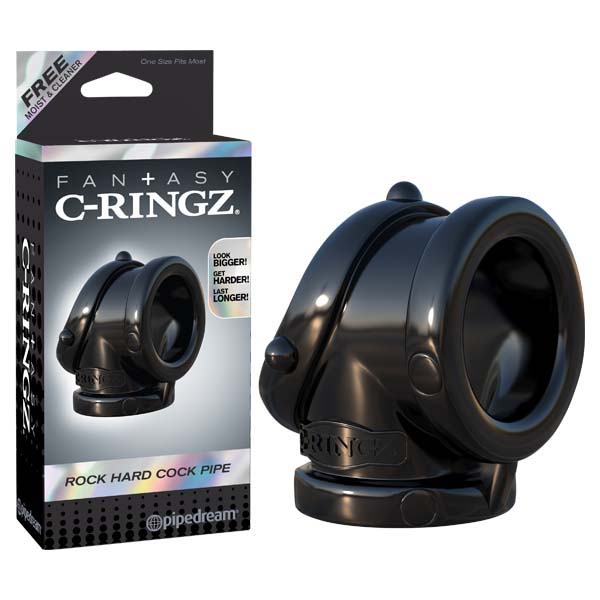 A black cock ring labeled "Fantasy C-ringz Rock Hard Cock Pipe Cock Ring" is displayed next to its packaging box, which highlights benefits like increased size and rock hard erections. The packaging features an image of the product and has the brand "Pipedream" at the bottom.