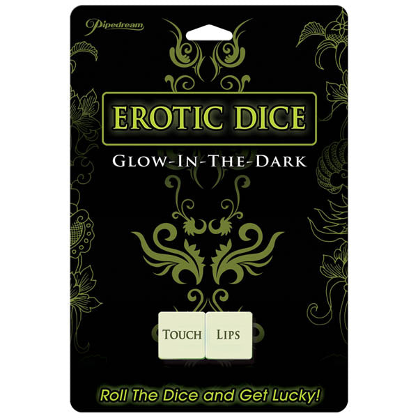 A package of "Erotic Dice" by Pipedream is shown, featuring black packaging with green decorative designs. The glow-in-the-dark dice are labeled with the words "TOUCH" and "LIPS." The tagline at the bottom states, "Roll the dice and get lucky!" making it ideal for an adult game night.