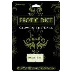 A package of "Erotic Dice" by Pipedream is shown, featuring black packaging with green decorative designs. The glow-in-the-dark dice are labeled with the words "TOUCH" and "LIPS." The tagline at the bottom states, "Roll the dice and get lucky!" making it ideal for an adult game night.