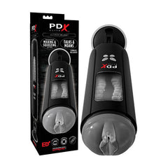 Product box and device for a Pipedream Extreme Toyz Elite Ultimate Milker - USB Rechargeable Powered Masturbator. The box and device are black with grey accents. The front of the box features the name, description, and an image of the device. Equipped with a rechargeable motor, the cylindrical body has buttons and a section resembling a mouthpiece.