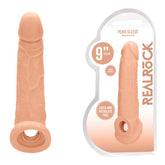 A lifelike dildo, the REALROCK 9'' Realistic Penis Extender with Rings, made of latex and Phthalate-Free Skin TPE is displayed next to its packaging. The body-safe dildo is flesh-colored, measures 9 inches (22 cm), and features a super flexible design. The packaging includes branding and product information.