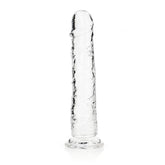 The REALROCK 31 cm Straight Dildo - Clear is showcased standing vertically against a plain white background. This body-safe toy features a smooth, phallic shape with a rounded tip and flat base. It is transparent with subtle textural details along its length, exemplifying the quality of top-tier clear dildos.