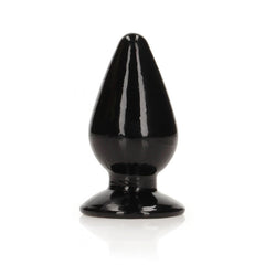 A black REALROCK 9 cm Anal Butt Plug with a cone shape and a flared base, resembling a suction cup, is shown against a white background.