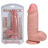 Packaging and product image of a REALROCK 20cm Extra Thick Dildo with Balls in flesh color, featuring a lifelike design with veins, attached balls, and a suction cup base. The left side shows the suction cup dildo in its clear plastic packaging; the right side shows it out of the packaging.