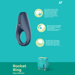 Set against a teal background, the Satisfyer Rocket Ring Vibrating Cock Ring features a dark grey, smooth, ergonomic design with a central hole. Icons and text highlight its waterproof construction, body-safe medical-grade silicone material, and included packaging.