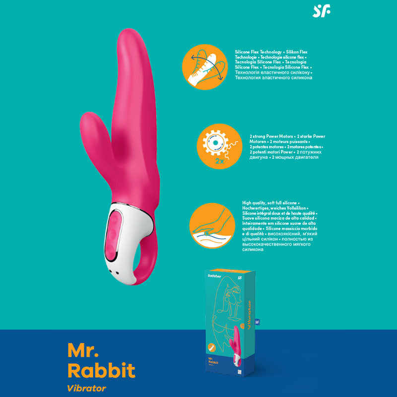 A product image of the "Satisfyer Vibes - Mister Rabbit Vibrator," highlighting key features against a glossy lychee blue background. The pink device, featuring dual stimulating sections and a white base, showcases silicone flex technology, intense power vibes, and waterproof capabilities. The product box is also displayed.