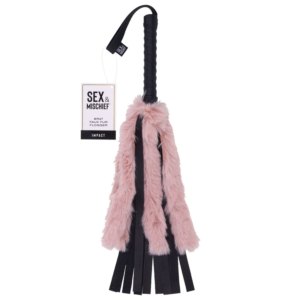 A black and pink faux fur flogger with a rose gold handle and vegan leather falls. The product is shown with a tag indicating 'Sex & Mischief'.