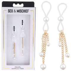 The image showcases "Sex & Mischief Pearl Nipple Ties," featuring an adjustable design with captivating faux pearls and gold chains. One set is displayed in its packaging, while the other set is shown unpackaged on the right.