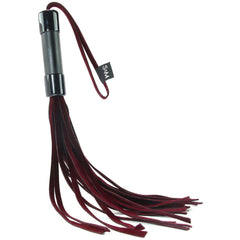 The Sex & Mischief Enchanted Flogger is a small BDSM accessory featuring a sturdy black handle and multiple crimson velveteen tails, designed for impact play. It includes a wrist strap attached to the handle for easy grip and control.