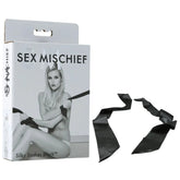 A product box labeled "Sex & Mischief Silky Sashes Black" showcases a black-and-white image of a person holding luxurious silk sashes. Beside the box, there is a detached, long, black silky ribbon. The text on the box reads "Silky Sashes Black.