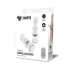 A retail box labeled "Size Up Twisty Nipple Suckers - Small" from the brand "size up NIPS". The box displays two clear twisty nipple suckers with black rings and features descriptions such as "Suitable for All Users" and "Clear Viewing Chamber". A small bonus image of non-piercing nipple rings is included.