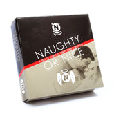 The "Naughty Or Nice Game" box showcases the text "Naughty or Nice" and "A trio of games to tempt, tease & tantalize." The predominantly black and grey box, accented with a red stripe, displays an image of a smiling couple lying close together—ideal for exploring Naughty and Nice ideas on your romantic date nights.