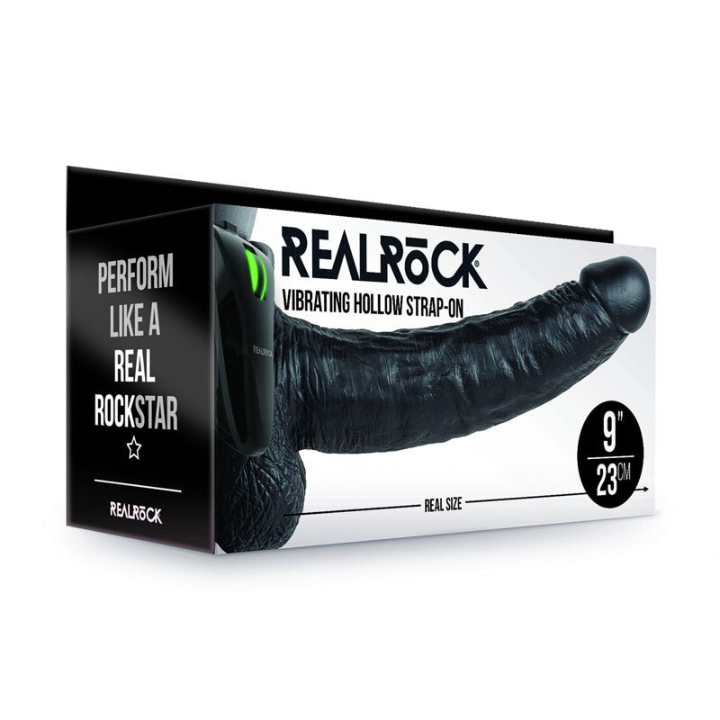 REALROCK Vibrating Hollow Strapon + Balls - 23cm Black - Mr and Mrs D's