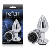 Rear Assets Rose - Medium - Chrome 8.9 cm Metal Butt Plug with Black Rose Base - Mr and Mrs D's