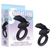 A product photo of the "S-Bullet Ring - Flipper Vibrating Cock Ring," a silicone vibrating couples ring for adults. The packaging showcases its black, ergonomic design with a flexible fit and vibrating nubs for added clitoral stimulation. The bullet ring is visible both inside and outside the box.