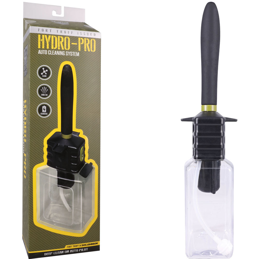 Hydro-Pro auto cleaning system with clear bottle and black handle on a white background