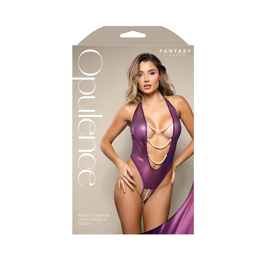 OPULENCE Pearl Draped Crotchless Teddy - Purple - M/L