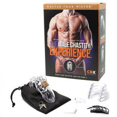 A boxed product titled "CB-3000 Chastity Cock Cage Kit - Clear" is displayed with an illustration of a muscular, shirtless man. The box contains a black pouch holding a CB-3000 chastity cage made from medical grade polycarbonate, complete with a padlock, keys, and additional small parts for a custom fit.