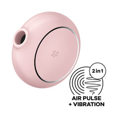 The Satisfyer Pro 2 Go 3 - Rose USB Rechargeable Air Pulse Stimulator + Vibrator is a round, light pink device crafted from body-safe silicone, featuring a small nozzle on one side. It has a circular design with a logo in the center. Adjacent to the image are the words "2 in 1 Air Pulse + Vibration" accompanied by illustrations of concentric circles and a double air pulse vibrator symbol.
