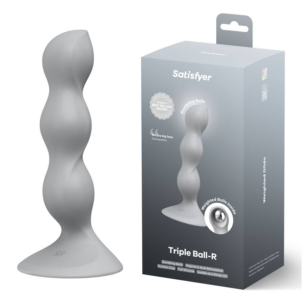 Gray twisted cylindrical product with Satisfyer packaging on a white background