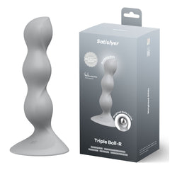 Gray twisted cylindrical product with Satisfyer packaging on a white background