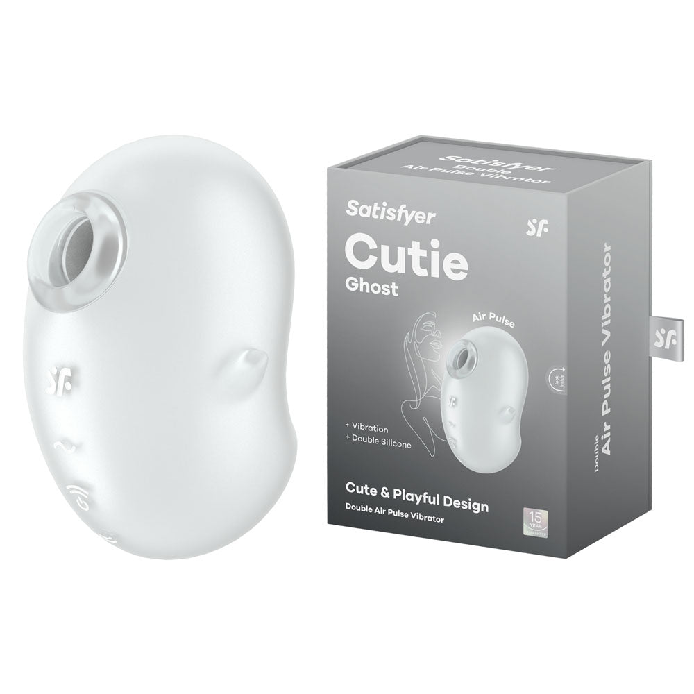 The image showcases the "Satisfyer Cutie Ghost Air Pulse Vibrator - White." This ergonomically designed, white device utilizes advanced Air Pulse Technology and is waterproof. Its packaging box highlights essential features such as "Double Air Pulse," "Vibration," and "Double Silicone.