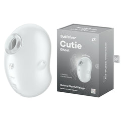 The image showcases the "Satisfyer Cutie Ghost Air Pulse Vibrator - White." This ergonomically designed, white device utilizes advanced Air Pulse Technology and is waterproof. Its packaging box highlights essential features such as "Double Air Pulse," "Vibration," and "Double Silicone.