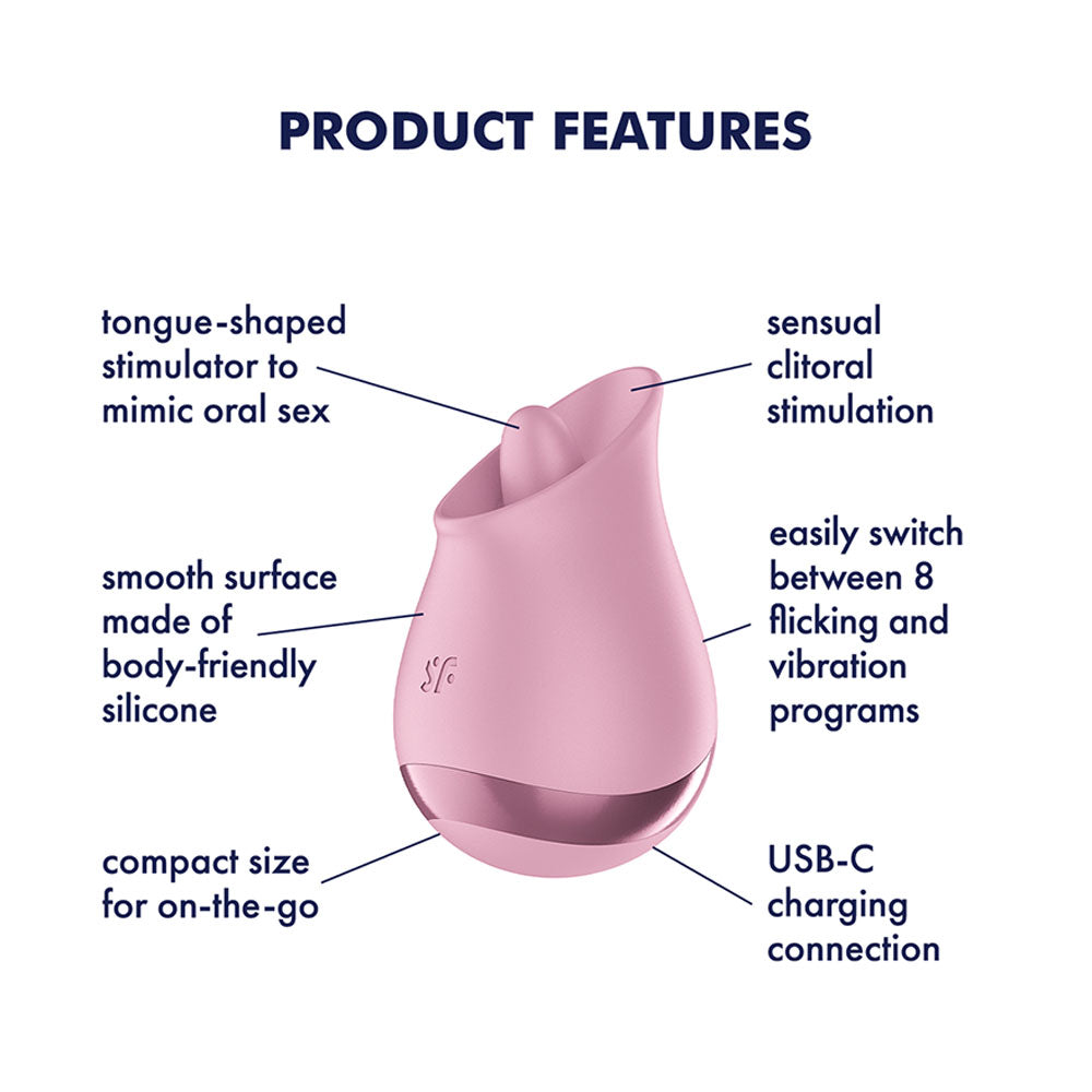 Pink silicone product with labeled features on a white background