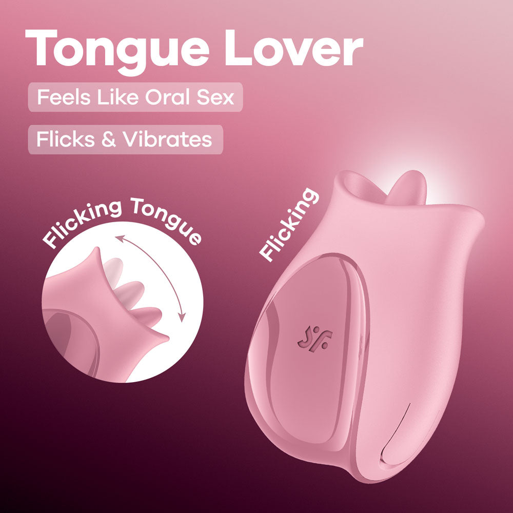 Pink device labeled 'Tongue Lover' with text indicating features on a pink background