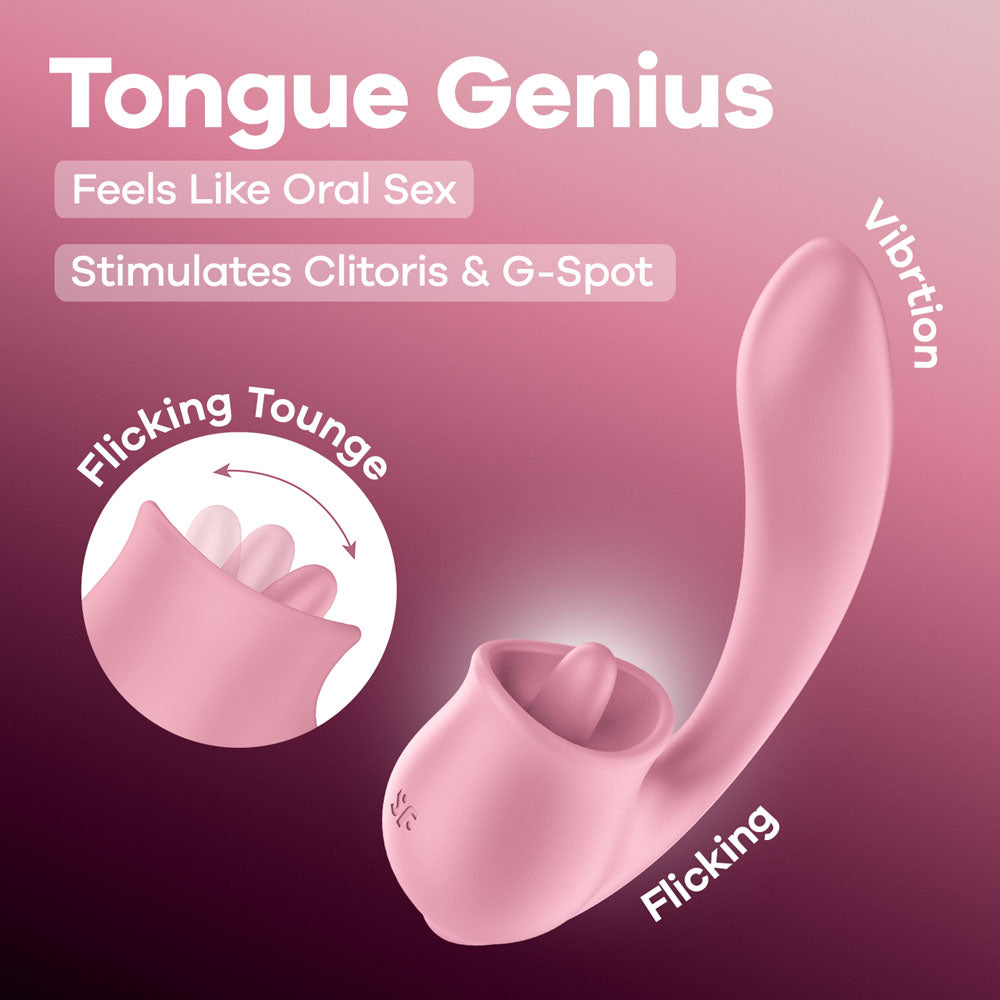 Pink device labeled 'Tongue Genius' on a pink background with text about stimulation features.