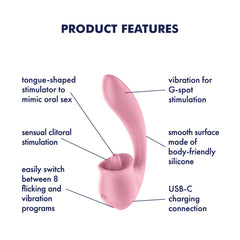 Satisfyer Tongue Genius - Pink USB Rechargeable Vibrator with Flicking Clit Stimulator