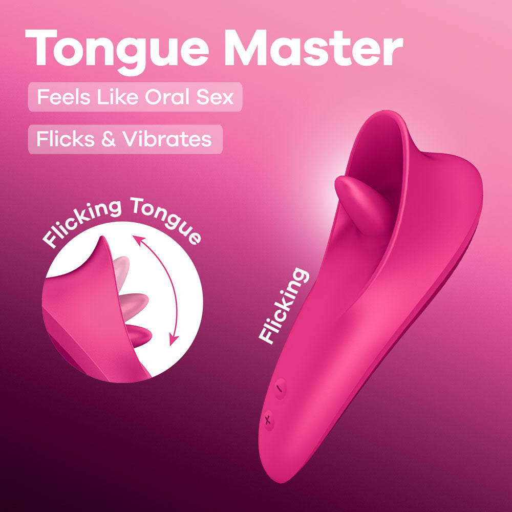 Pink device labeled 'Tongue Master' on a pink background with text about its features.