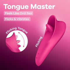 Pink device labeled 'Tongue Master' on a pink background with text about its features.