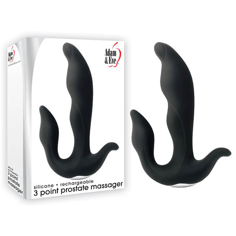 Box and product of the Adam & Eve 3-Point Prostate Massager. The ergonomic design features a black, triple-pronged shape and offers 10 unique speeds and functions. The box showcases the massager alongside the brand name in striking red and black text.