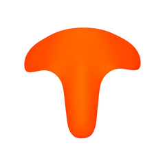 A hand holds the Ziggy™ vibrator, a vibrant orange T-shaped object made of medical-grade silicone, against a gradient background of blue and orange hues. The Ziggy™ has a wide, rounded top and a narrower bottom section, being held securely in an upright position.