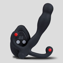 Black electronic device with digital display and buttons on a gray background