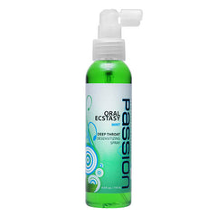 Green spray bottle labeled 'Oral Ecstasy' on a white background