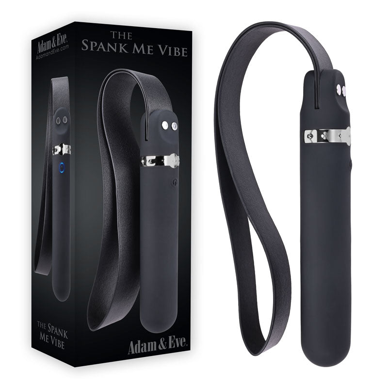 A product image featuring the "Free gift Adam & Eve SPANK ME VIBE." This BDSM toy has a sleek black handle with a looped strap and features controls near the top. The item, designed as a waterproof vibrator, is shown alongside its box displaying the brand's name and an illustration of the item.