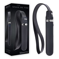 A product image featuring the "Free gift Adam & Eve SPANK ME VIBE." This BDSM toy has a sleek black handle with a looped strap and features controls near the top. The item, designed as a waterproof vibrator, is shown alongside its box displaying the brand's name and an illustration of the item.