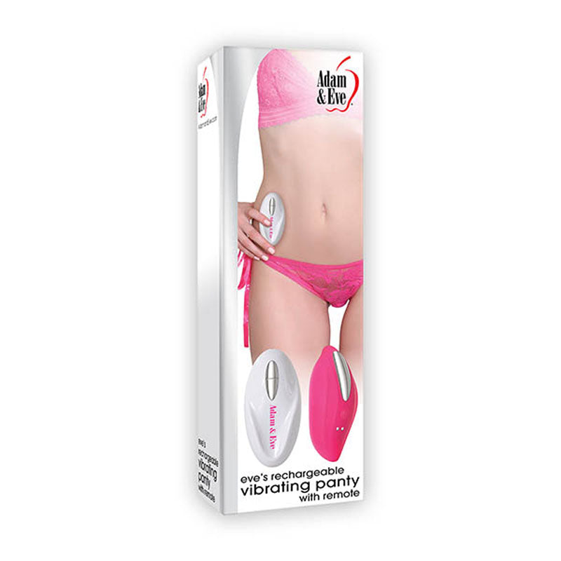 Packaging for Adam & Eve Eve's Rechargeable Vibrating Panty With Remote. The box showcases an image of a person wearing pink lace lingerie, emphasizing the product's 12 vibration functions. It also highlights two remote designs, one in pink and one in white.