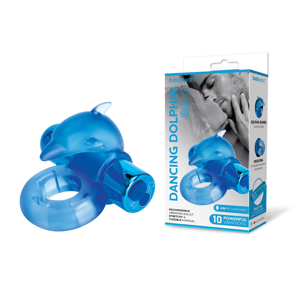 Image of a blue, dolphin-shaped external stimulator designed to enhance erections. The packaging box beside it displays a couple embracing and includes text that reads "Rechargeable Dancing Dolphin Cock Ring," "10 Powerful Vibrations," "USB Rechargeable," and "Flexible Material." The brand name "Bodywand" is visible.