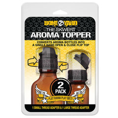 The product image shows a 2-pack of Boneyard The Skwert Aroma Topper, which are ABS plastic flip tops for aroma bottles, in a packaging that looks like a card with two slots, each holding one bottle cap.